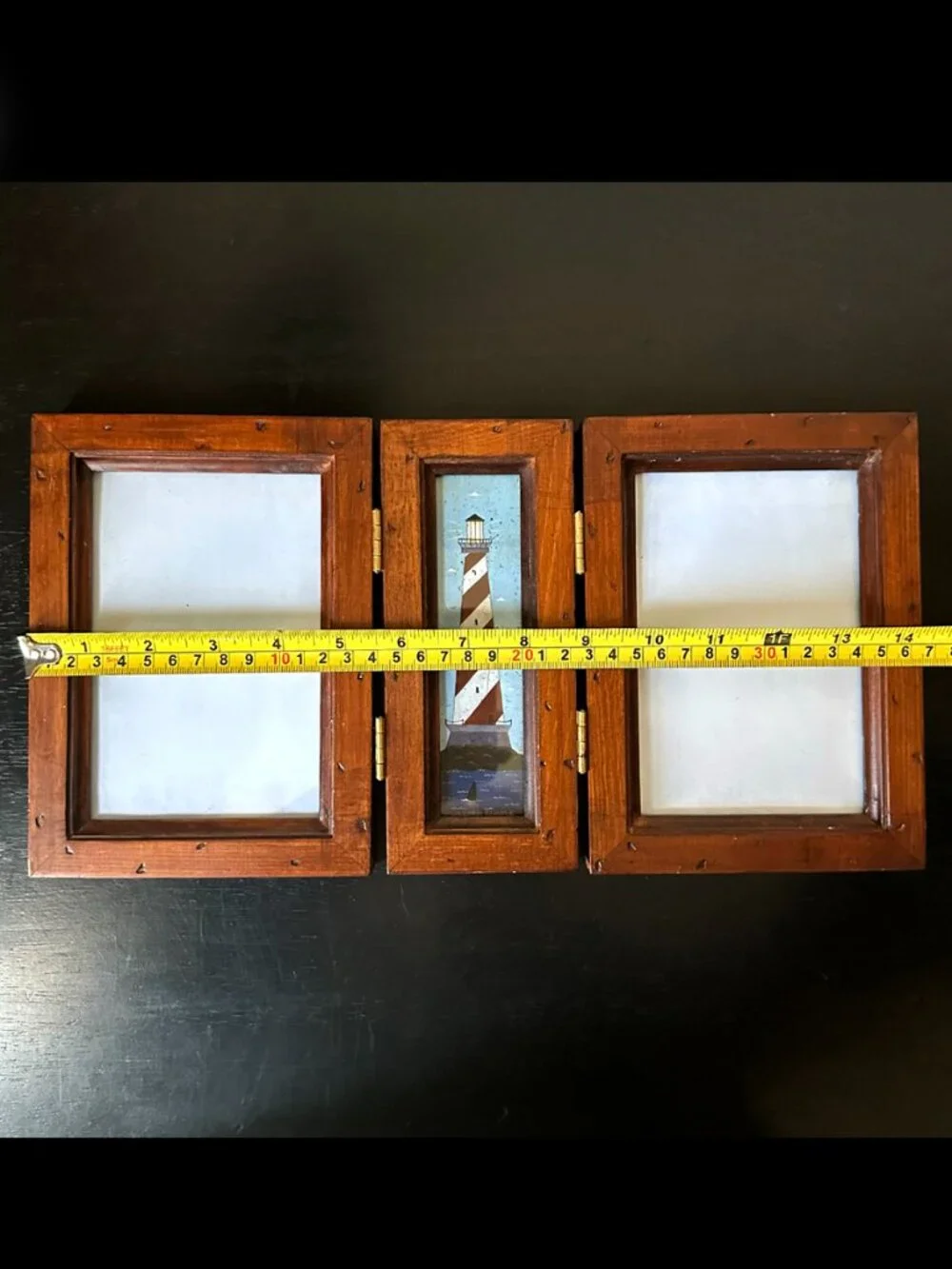 Vintage Warren Kimble Lighthouse Trifold Wood Picture Frame Holds Two 4x6 Photos